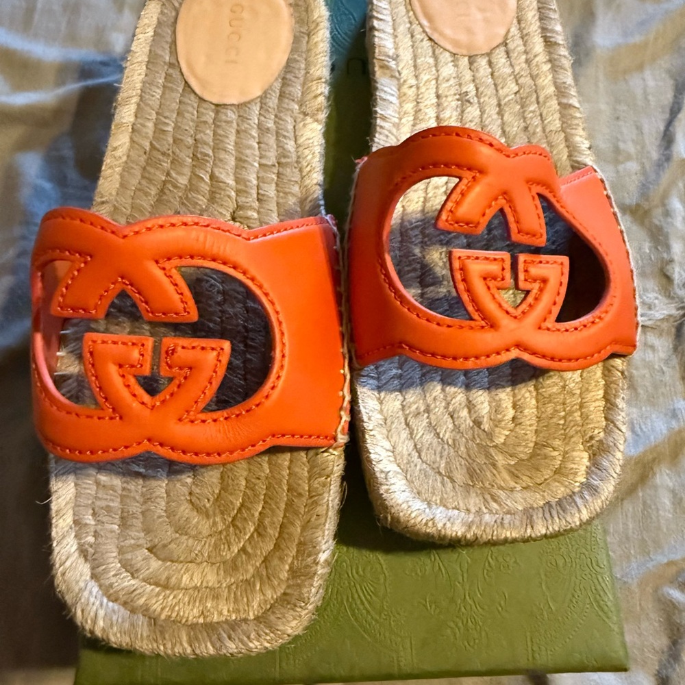 Gucci Orange Leather Sandals with Espadrille Soles